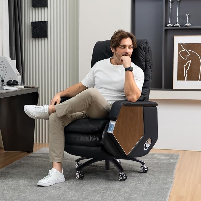 EMIAH Ergonomic Executive Office Chair with Footrest Electric Reclining Big and Tall Office Chair with Massage and Adjustable Lumbar Sopport Comfortable Desk Chair, Genuine Leather (Black)