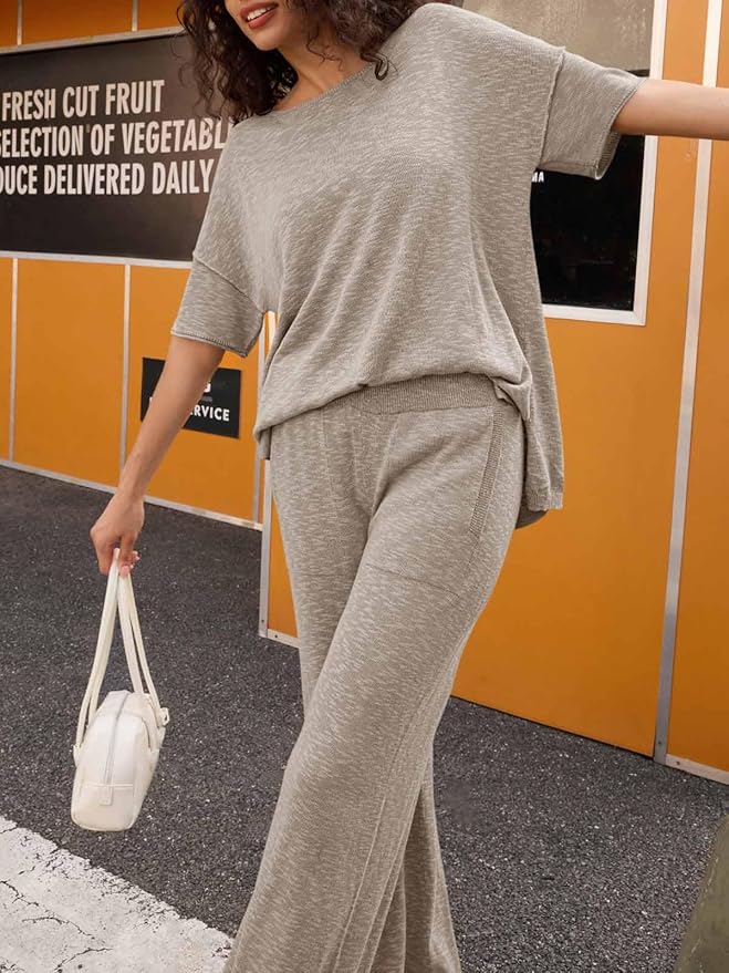 Tankaneo Women's 2 Piece Travel Outfits Casual Short Sleeve Knit Sweater Set Wide Leg Pants Lounge Sets Tracksuit