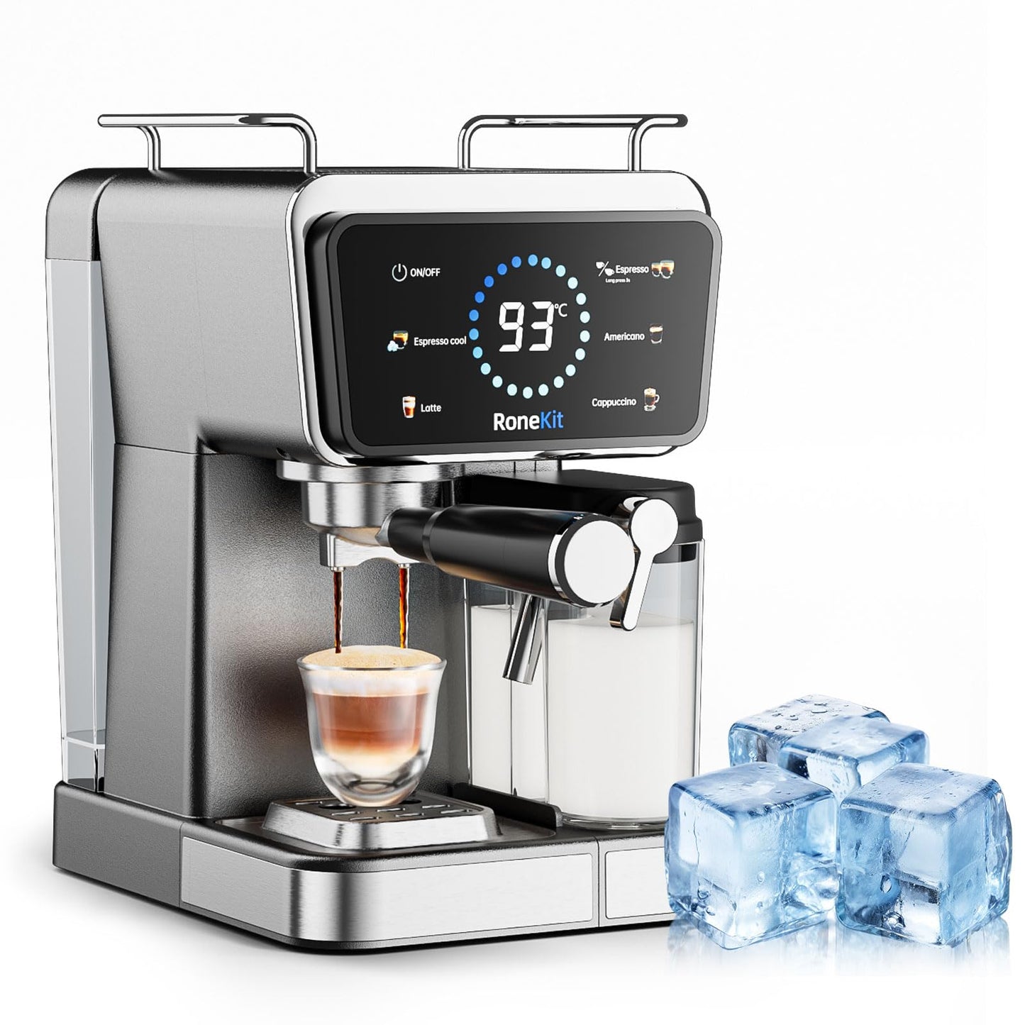 RoneKIT Espresso Machine with Automatic Milk Tank,Espresso Cool & Cappuccino Machine, 20Bar Espresso Coffee Machines, Touch Screen with Timer, 50.7Oz Removable Reservoir, Black