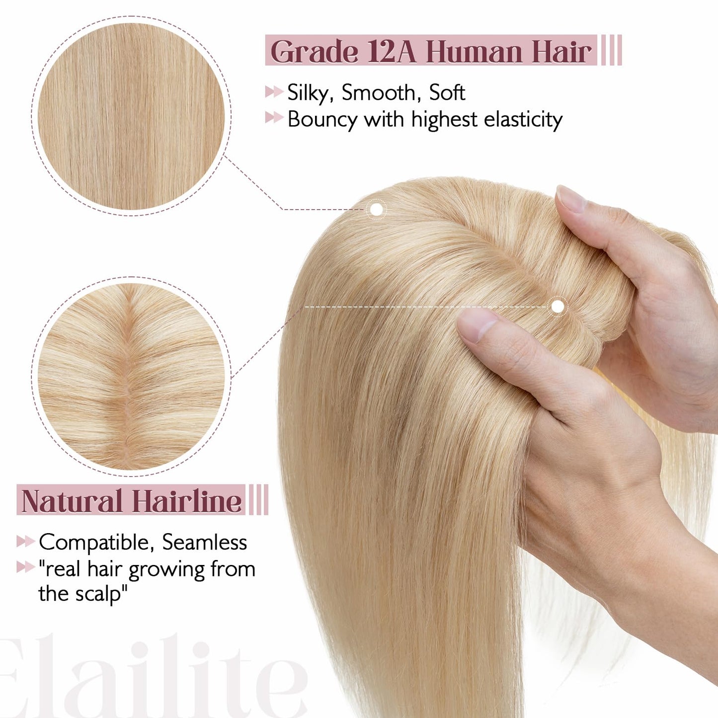 Elailite Hair Toppers for Women Real Human Hair Topper Thinning Thin 5.1x2.8 Silk Base Clip in Remy Hairpieces 14 Inch Sandy Blo