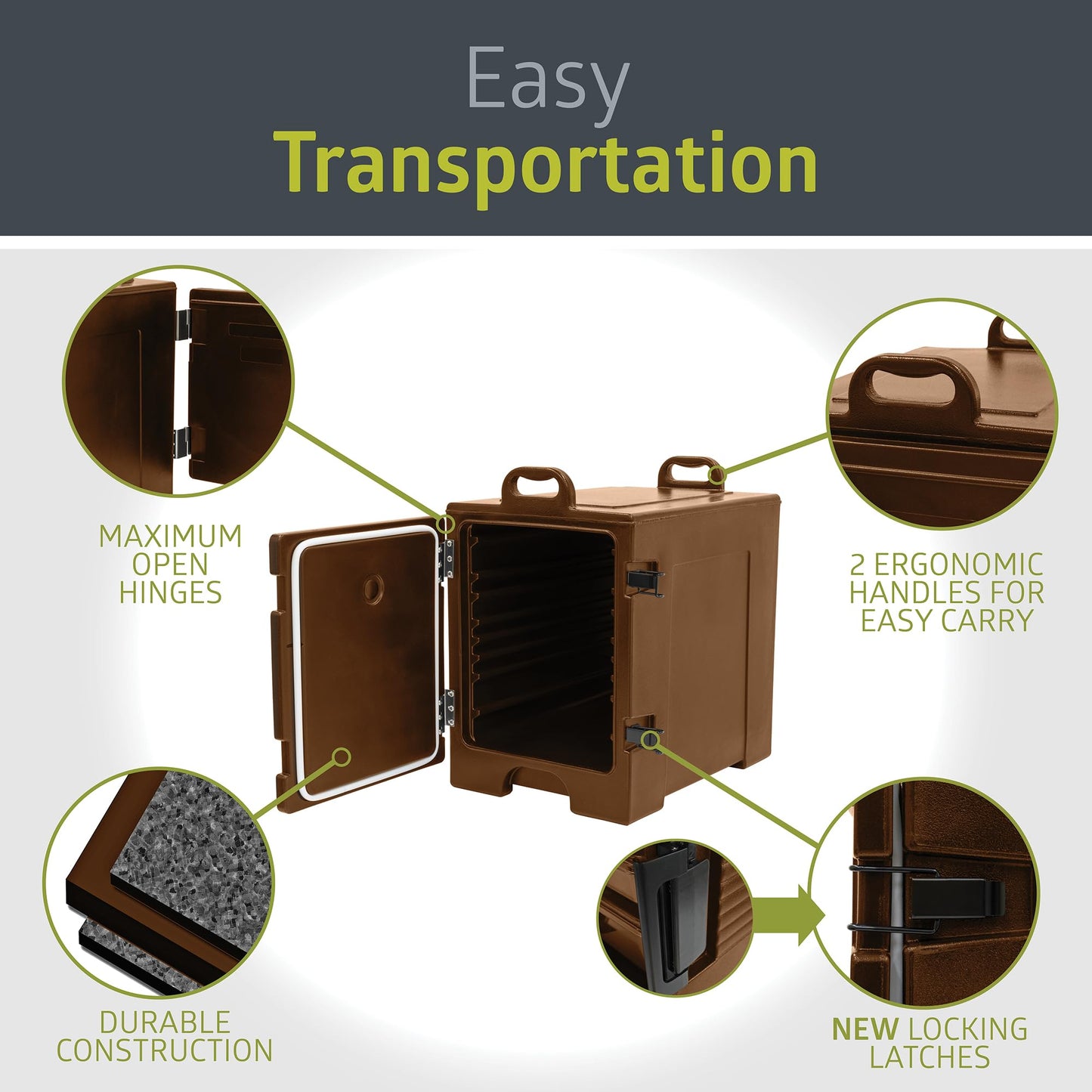 Pearington Premium Insulated Food Pan Carrier, 81 Quart, Double Walled with Dual Front Latches, Fits 5 Full Size Pans, Brown