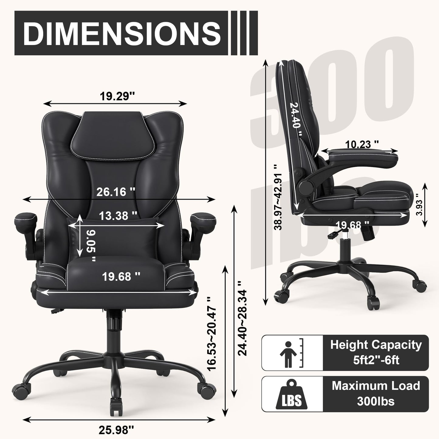 Ergonomic Office Chair with Flip-up Armrests, 300lbs Mid Back Computer Office Desk Chair with Lumbar Support, Executive Leather Chair with Rocking Function Adjustable Height for Home Office