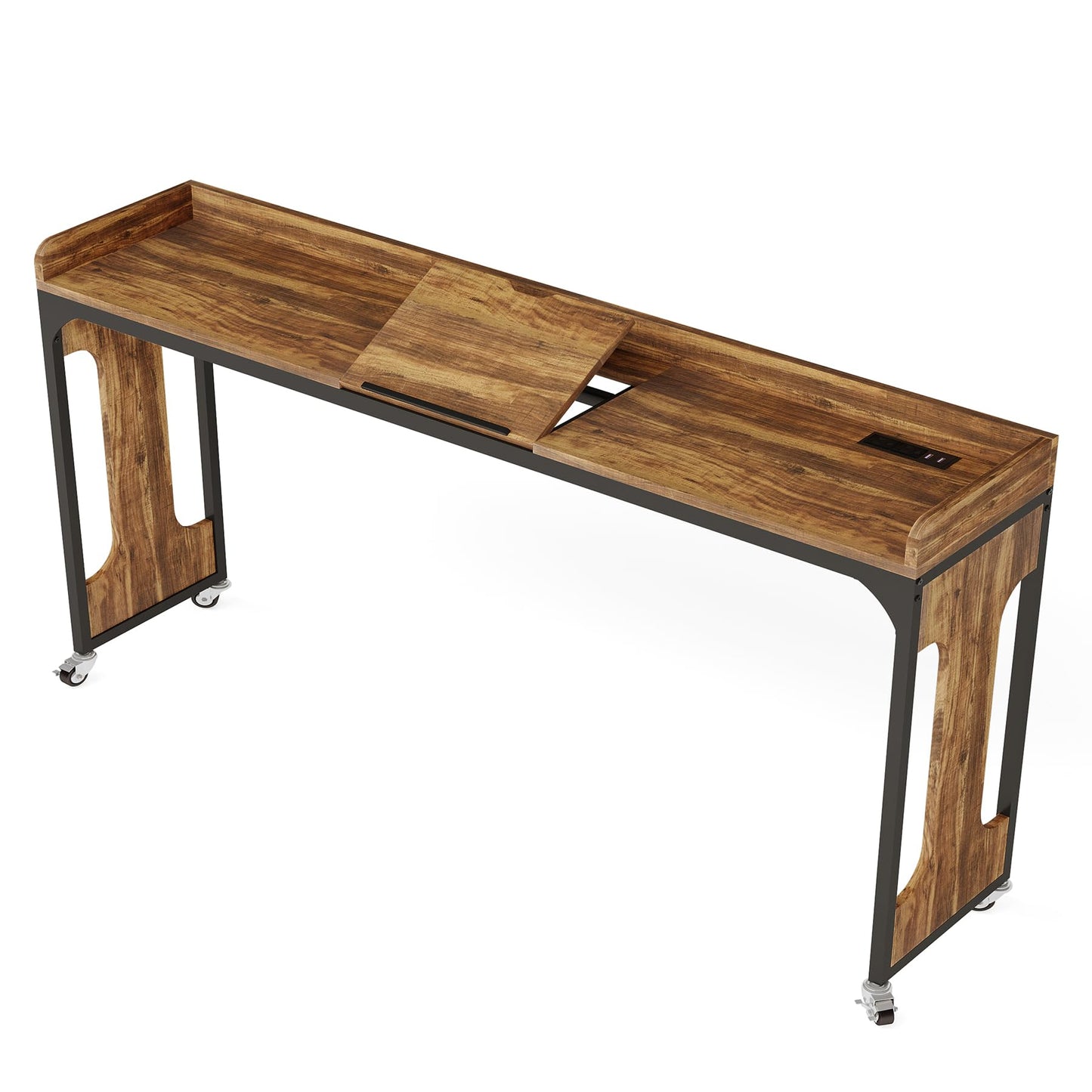 Tribesigns Overbed Table with Wheels, 71" Queen Size Bed Table with Adjustable Tilt Board, Mobile Laptop Cart with Outlets & USB Ports