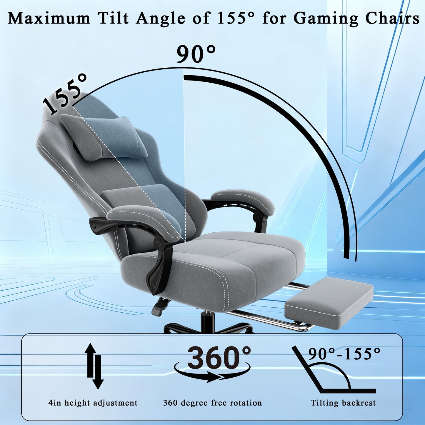 Massage Gaming Chair, Ergonomic Video Game Chair with Lumbar Support and Footrest, Height Adjustable Fabric Computer Chair with Pocket Spring Cushion (Gray)