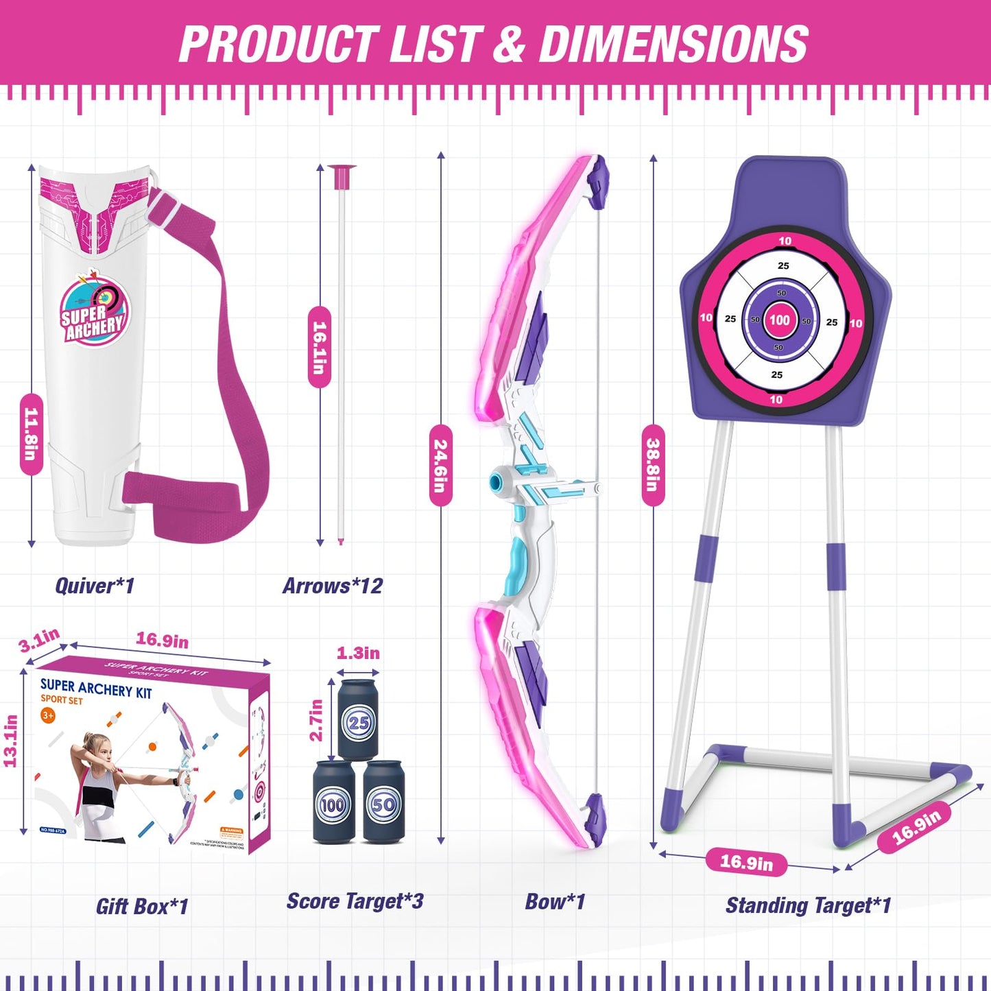 HYES Bow and Arrow for Kids 4-6, LED Light Up Archery Set with 12 Suction Cup Arrows, 1 Standing Target, 3 Score Targets & 1 Quiver, Indoor Outdoor Sport Gifts for Boys Girls Ages 8-12, Purple