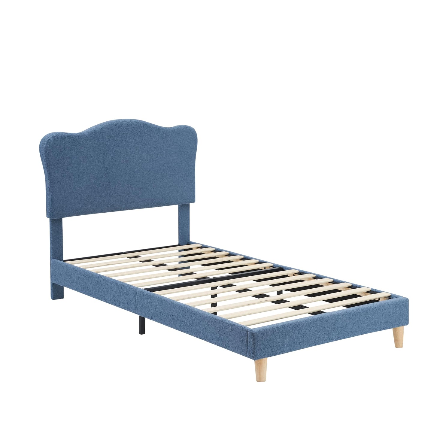 GarveeHome Upholstered Twin Size Bed Frame for Kids with Scallop Headboard, Cute Velvet Twin Bed for Girls, Boys, Sturdy Platform Bed, No Box Spring Needed, Wooden Slats, Noise Free, Blue