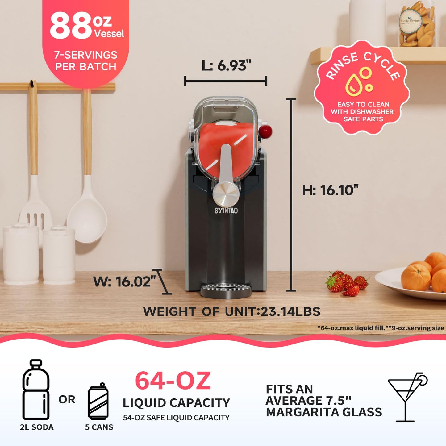 SYINTAO Slushie Machine for Home, Soft Serve Ice Cream Machine, 88oz Vessel Slushy Machine with 6 Preset Programs, Frozen Drink Maker for Slush, Margaritas, Smoothie, Frappés, and More (CoolGray)