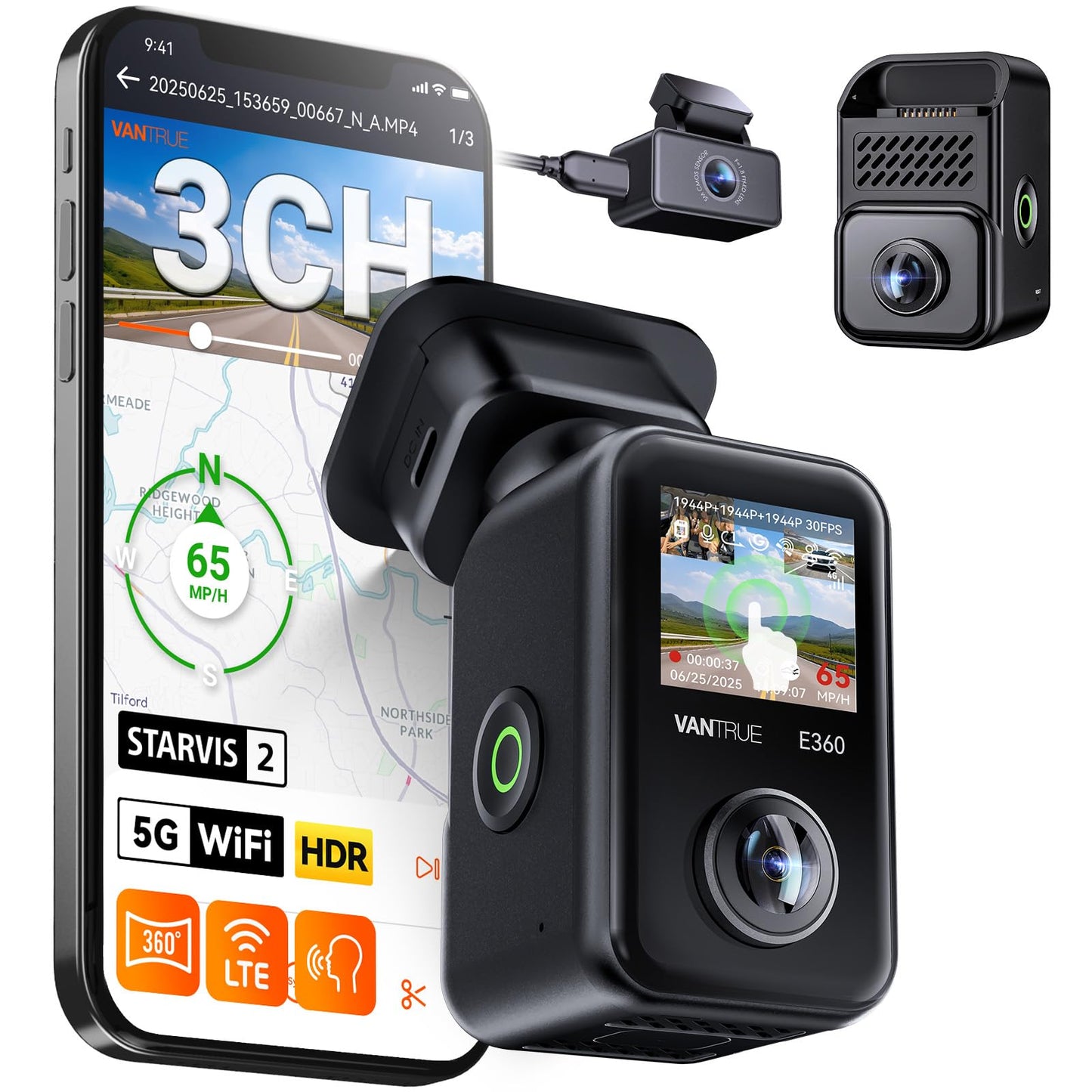 Vantrue E360 Plus 3 Channel 360 Degree Wifi Dash Cam, Dual Starvis 2, Triple1944P Front Rear And Inside Dashcam, Hdr Ir Night Vi