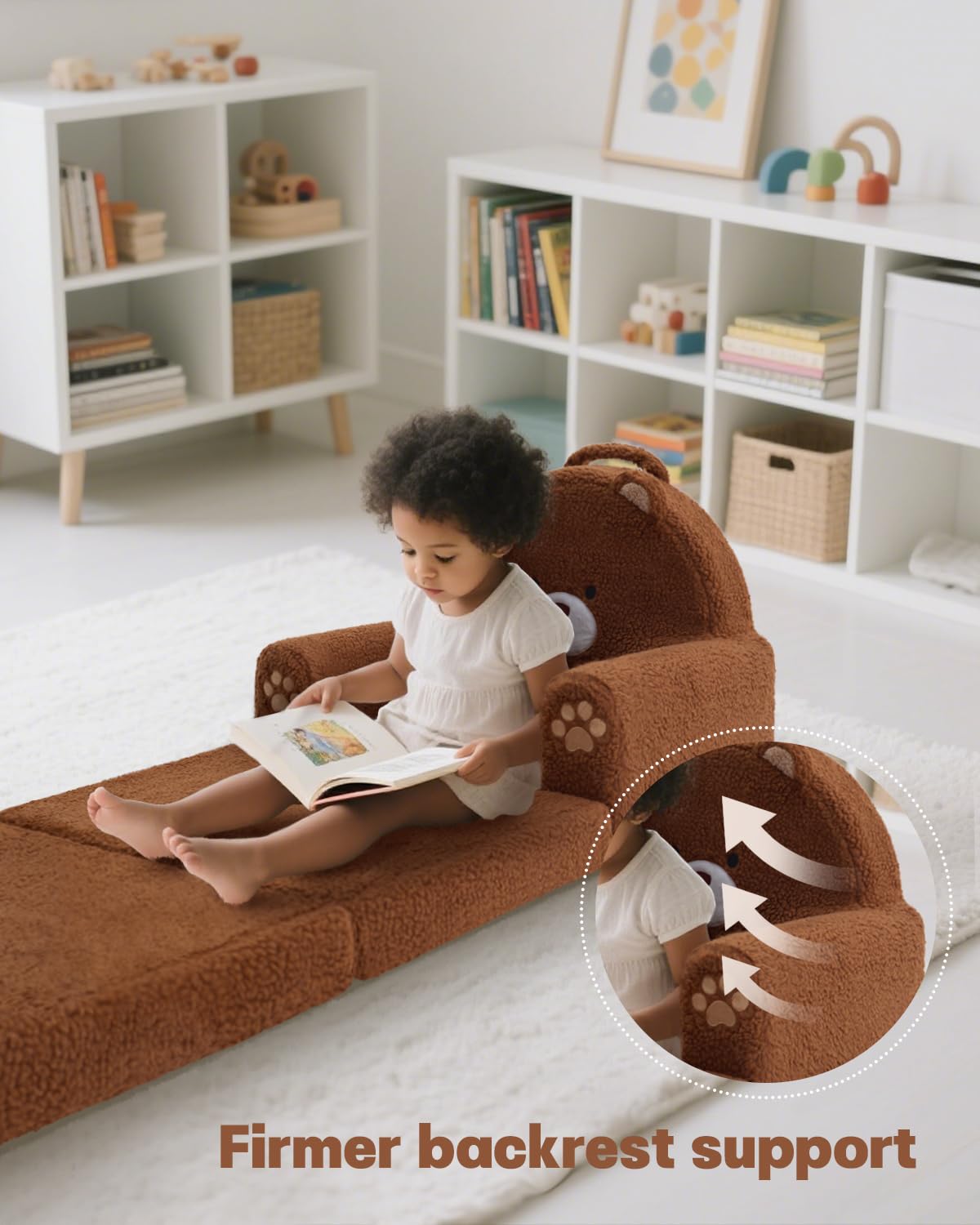 MOONBEEKI 2-in-1 Foldable Toddler Couch – Soft Sherpa Sofa Chair for Kids Ages 1–3, Brown Bear, Medium