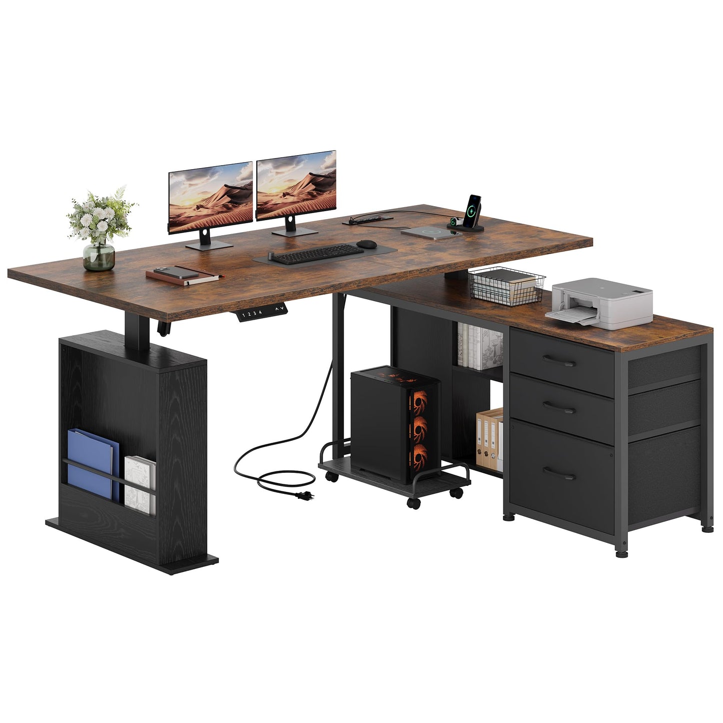 Homiflex 63" L Shaped Standing Desk with 3 Drawers Electric Adjustable Height Desk Corner Standing Desk with Storage Computer Game Desk with Power Outlets Computer Tower Stand for Home Office, Brown