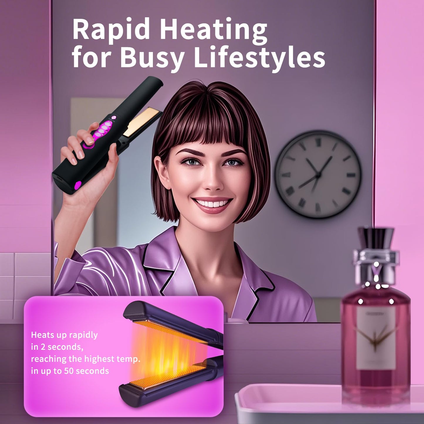 Travel Small Hair Straightener and Curler 2 in 1 for Short Hair, Cordless Titanium Flat Iron, Portable, USB-C Rechargeable, Fast