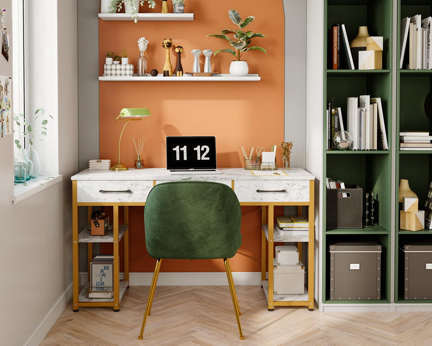 ODK Vanity Desk with 3 Fabric Drawers & Storage Shelves, Makeup Dressing Table, Home Office Desks for Bedroom, Small Modern Writing Desk for Girls Bedroom, White and Gold, 48"x16" (No Mirror)
