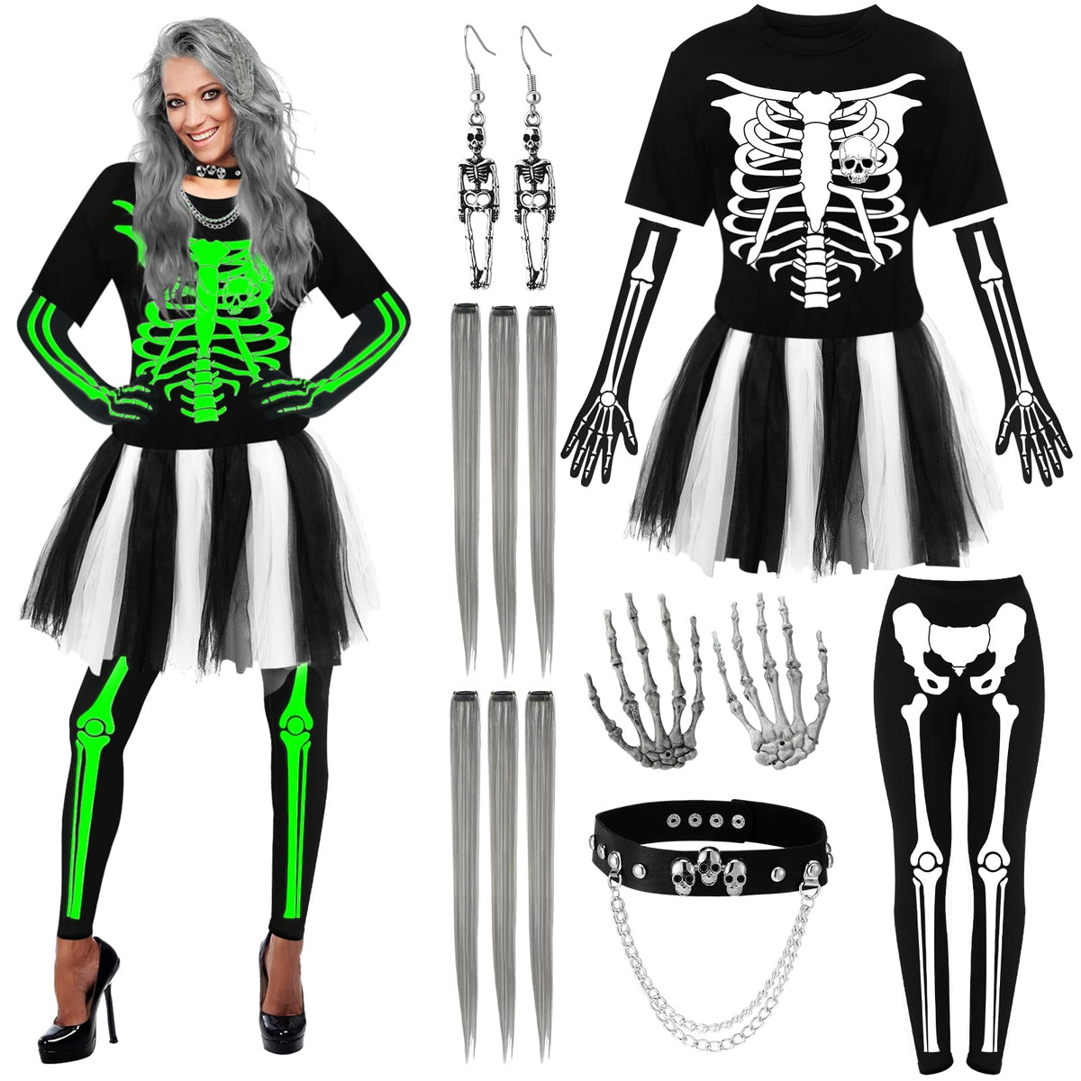 Maiteenly 13 Pcs Halloween Glow in The Dark Skeleton Costume for Women Set Adult Punk Bones Tutu Dress Hairpiece Necklace(3XL)