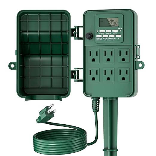 BN-LINK Outdoor Power Stake, 7-Day Programmable Digital Timer, 6 Outlets, 6FT Extension Cord, Waterproof Perfect for Chris...