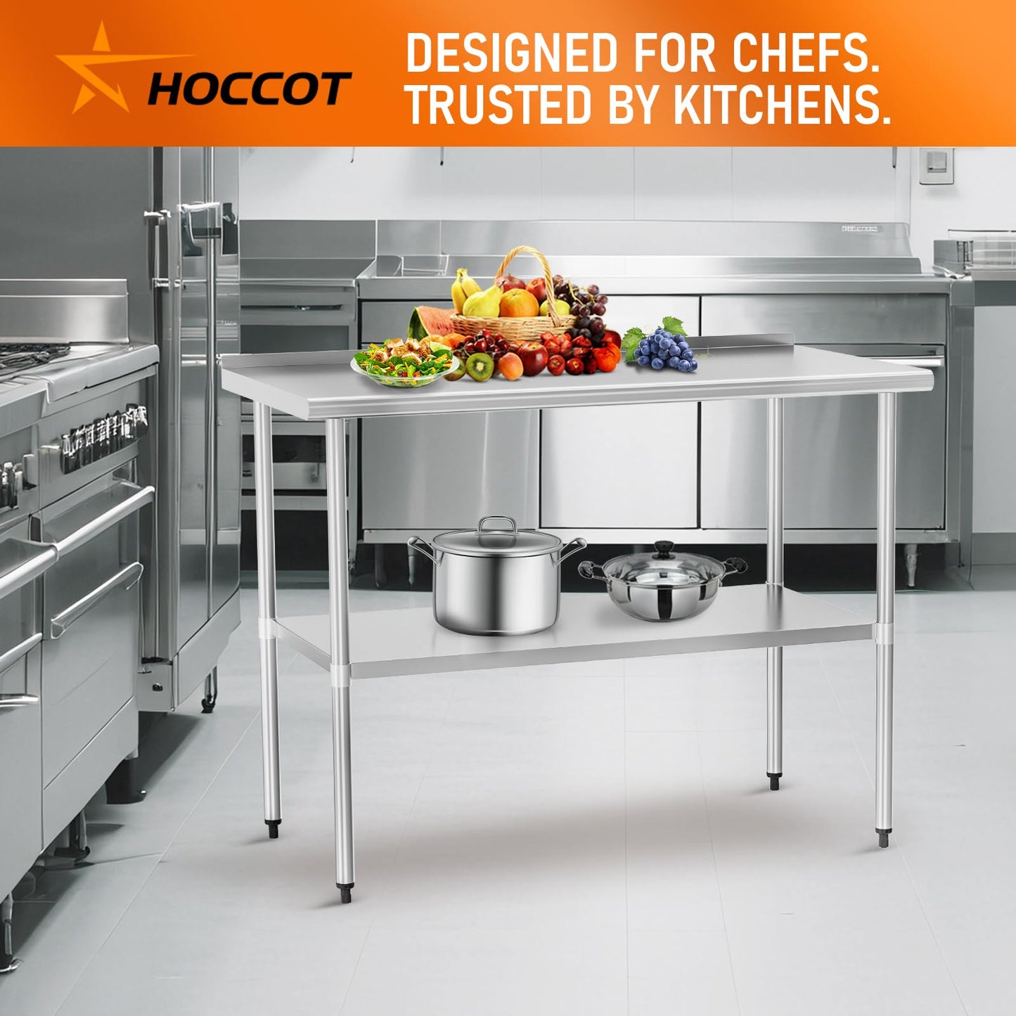 HOCCOT Stainless Steel Table 30" x 48" with Adjustable Undershelf and Backsplash, Commercial Metal Workstations for Kitchen, Garage, Outdoor BBQ