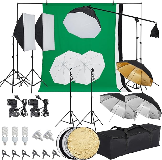 Photography Lighting Kit with Backdrops, 8.5x10ft Backdrop Stand System, 5500K 850W Equivalent LED Umbrella Softbox Contin...
