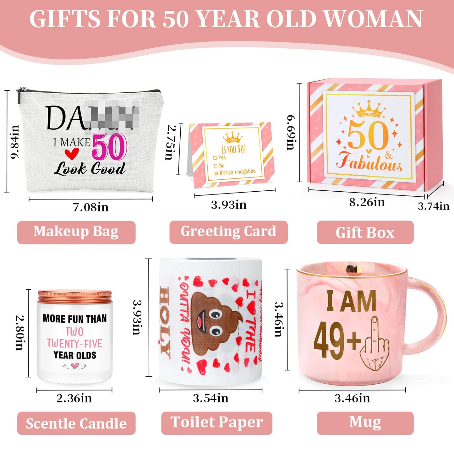 50th Birthday Gifts for Her Funny Happy 50th Birthday Decorations for Women 50 Year Old Gifts for Woman 50 and Fabulous Gift for Woman Sister Mom Best Friend Wife - Coffee Mug Makeup Bag Toilet Paper