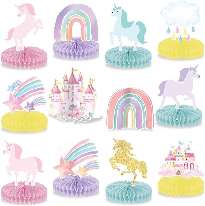 12Pcs Unicorn Rainbow Honeycomb Centerpieces Magical Pastel Unicorn Party Decoration Pastel Rainbow Castle Table Topper Ce...