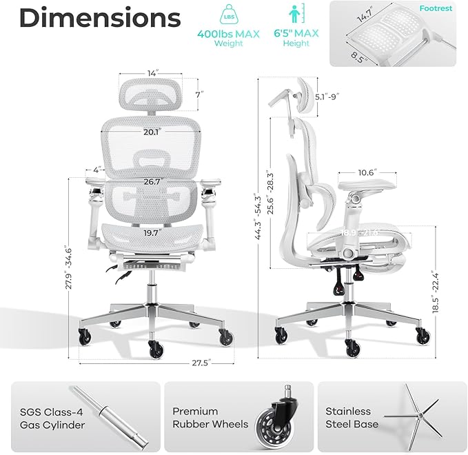 Morkprism Ergonomic Office Chair with 9D Arms,Adjustable Seat Depth,3D Lumbar Support,135° Recline,3D Headrest & Footrest,Mesh Computer Desk Chair for Home & Executive Office Grey White
