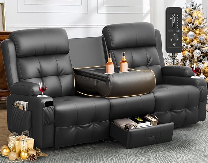 Aotolo Recliner Sofa, Massage Reclining Sofa 3 Seater Sets Heavy Weight Capacity, RV Loveseat Couch Clearance with Flip Back Console, Storage, Cup Holders, Wall Hugger Reclining Couch for Living Room