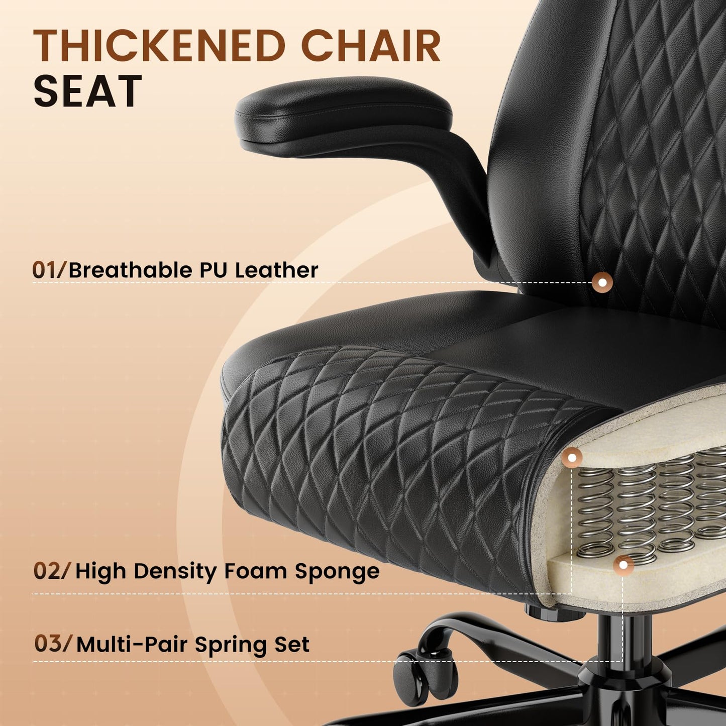 GTPLAYER Leather Office Chair, Home Desk Chair with Flip-up Arms and Ergonomic Back - Comfy Heavy Duty Executive Chair for Home Office Gaming, Charcoal Black