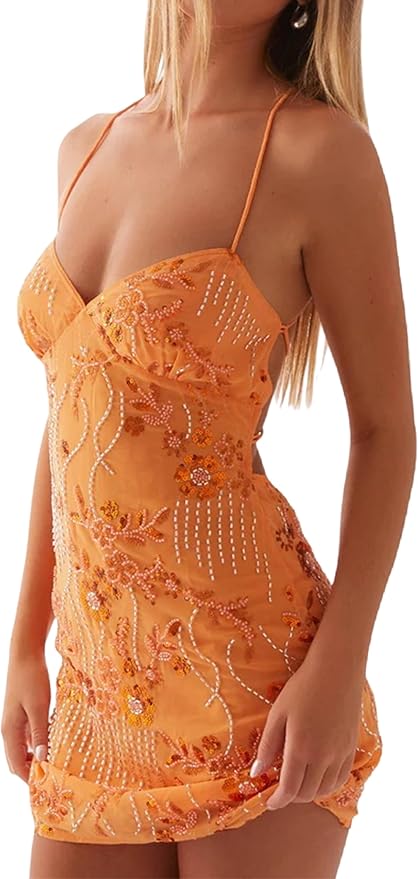 JEIBKOUY Sexy Sparkly Sequin Mini Dress for Women Sleeveless Halter Open Back Strap Club Party Cocktail Bodycon Short Outfits