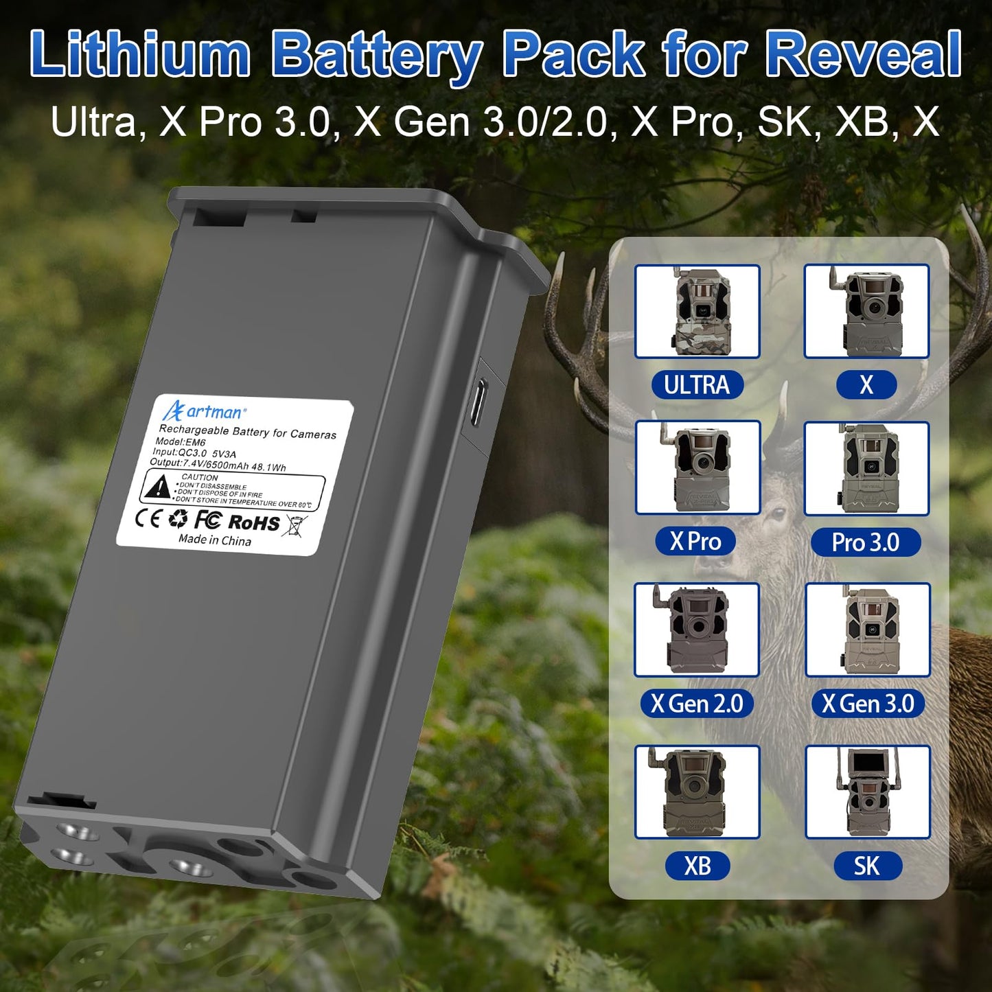 Artman 4 Pack New Reveal Lipo Lithium Battery Pack Upgraded Solar Charge Compatible with Reveal Cellular Trail Camera Ultra, Pro 3.0, X, X Pro, X Gen 2.0, X Gen 3.0, XB, SK (6500mAh)