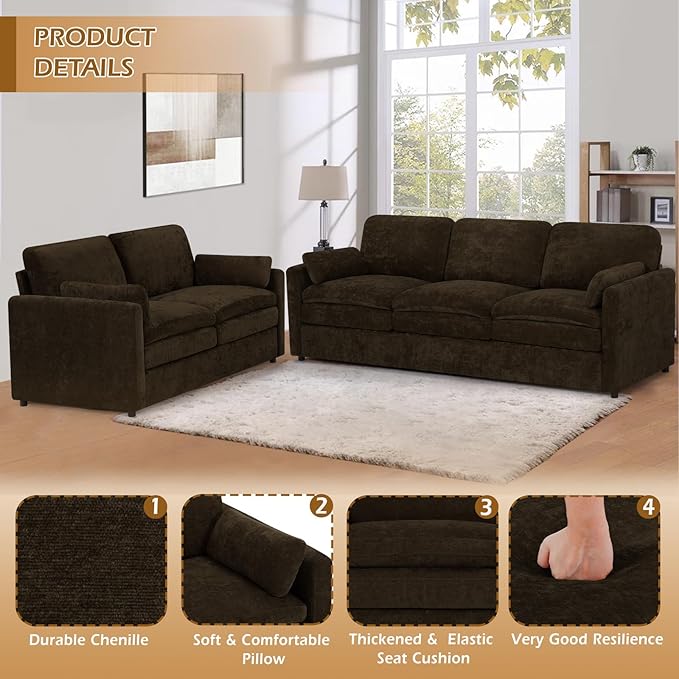 ACMEASE 2 Pieces Chenille Sofa Set w/Two Throw Pillows, Upholstered Loveseat & 3 Seater Sofa w/Comfortable Back Cushions, Modern 2-Seat & 3-Seat w/High-Density Foam for Living Room, Apartment, Brown
