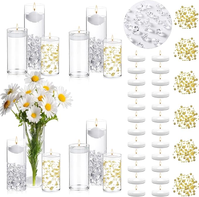 FFUW 24 Pcs Floating Candles 12 Glass Vases for Centerpieces with 400 Acrylic Fake Ice Cubes 6 Pearl String Vase Filler Fl...
