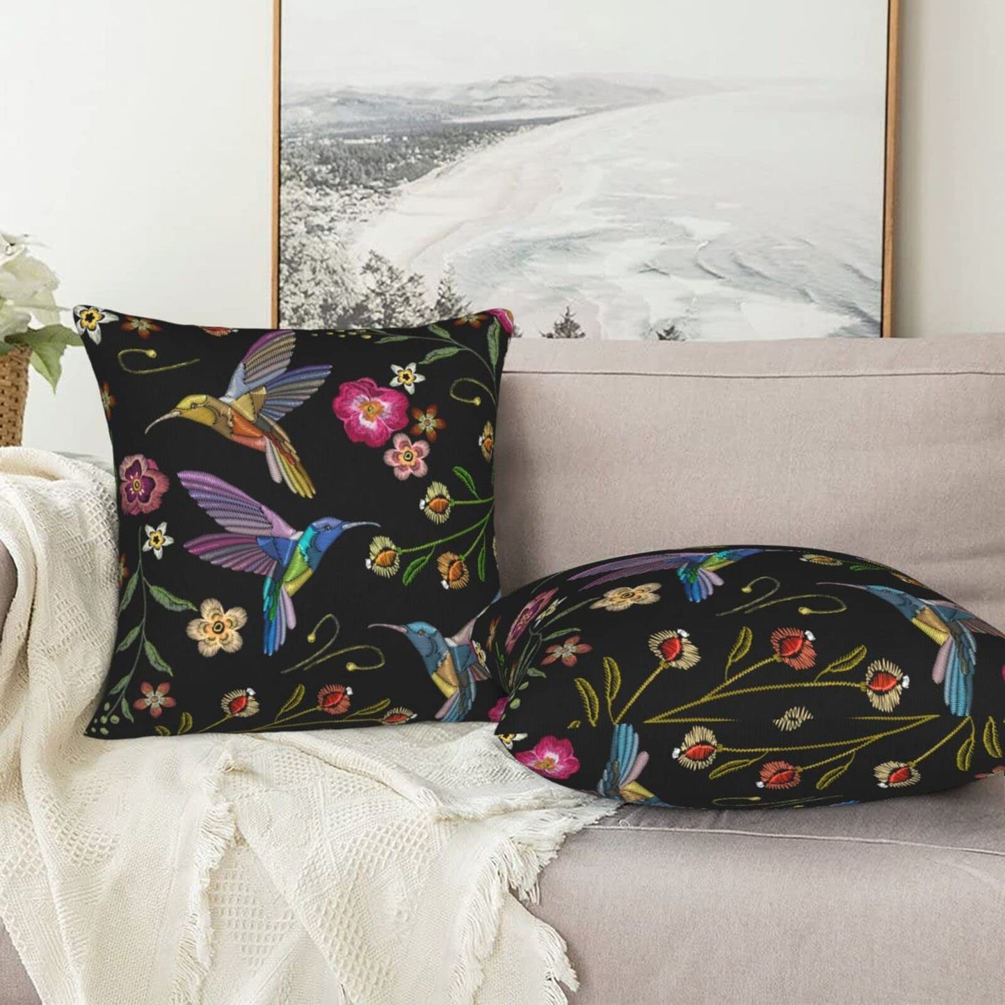 Abucaky Pillowcase Set of 2 Hummingbirds and Exotic Flowers Throw Pillow Covers Shells for Couch Office Bedroom Home Decoration, 20"X20"