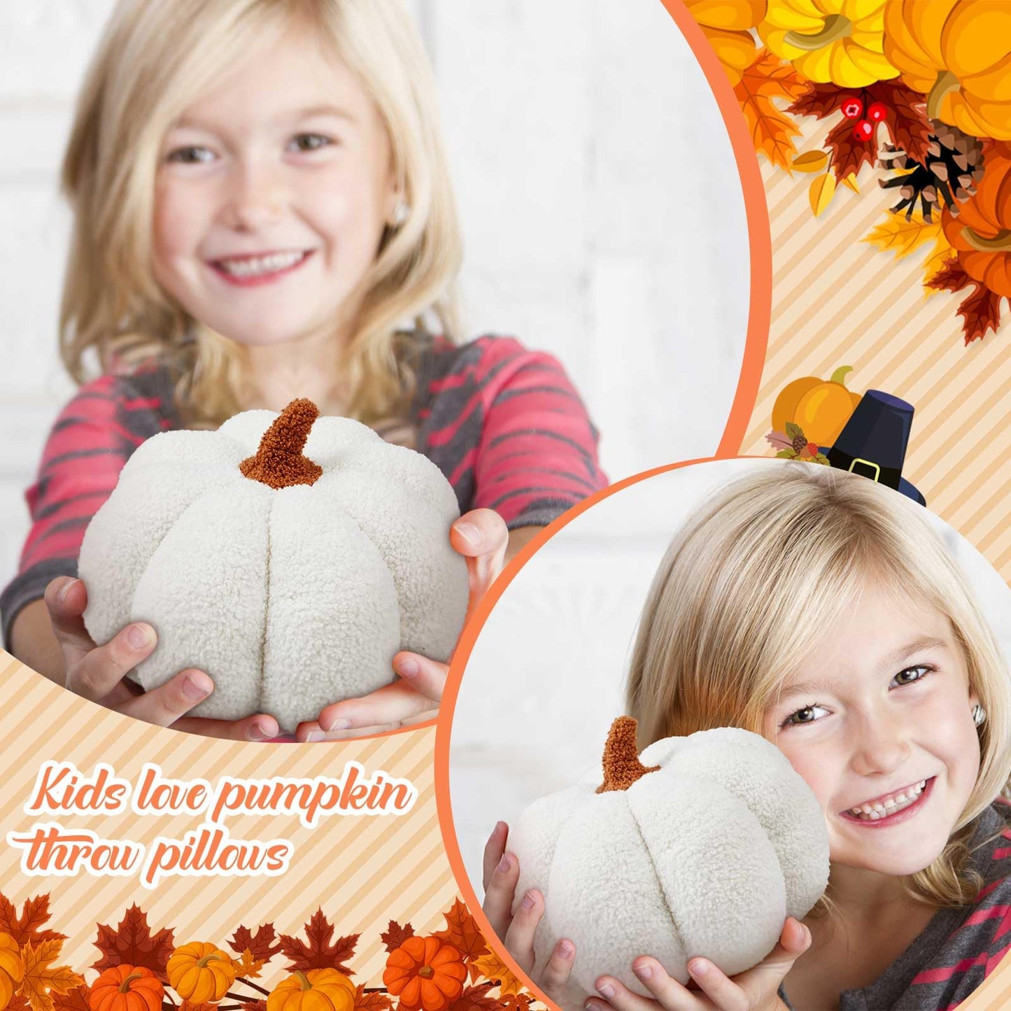 Juexica 7 Inch Halloween Stuffed Pumpkin Pillow Fluffy Plush 3D Pumpkin Shaped Decoration Fall Thanksgiving Cushion Pillow Soft Cute Throw for Sofa Couch Supplies(White)