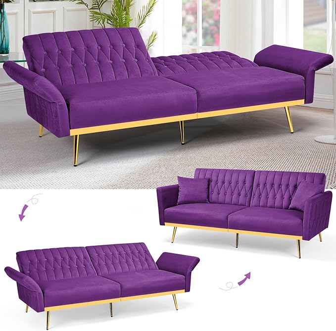 ACMEASE 70” Velvet Futon Sofa Bed with 2 Pillows and Adjustable Armrests, Convertible Sleeper Bed W/Adjustable Backrests, Modern Loveseat for Living Room, Bedroom, Purpel