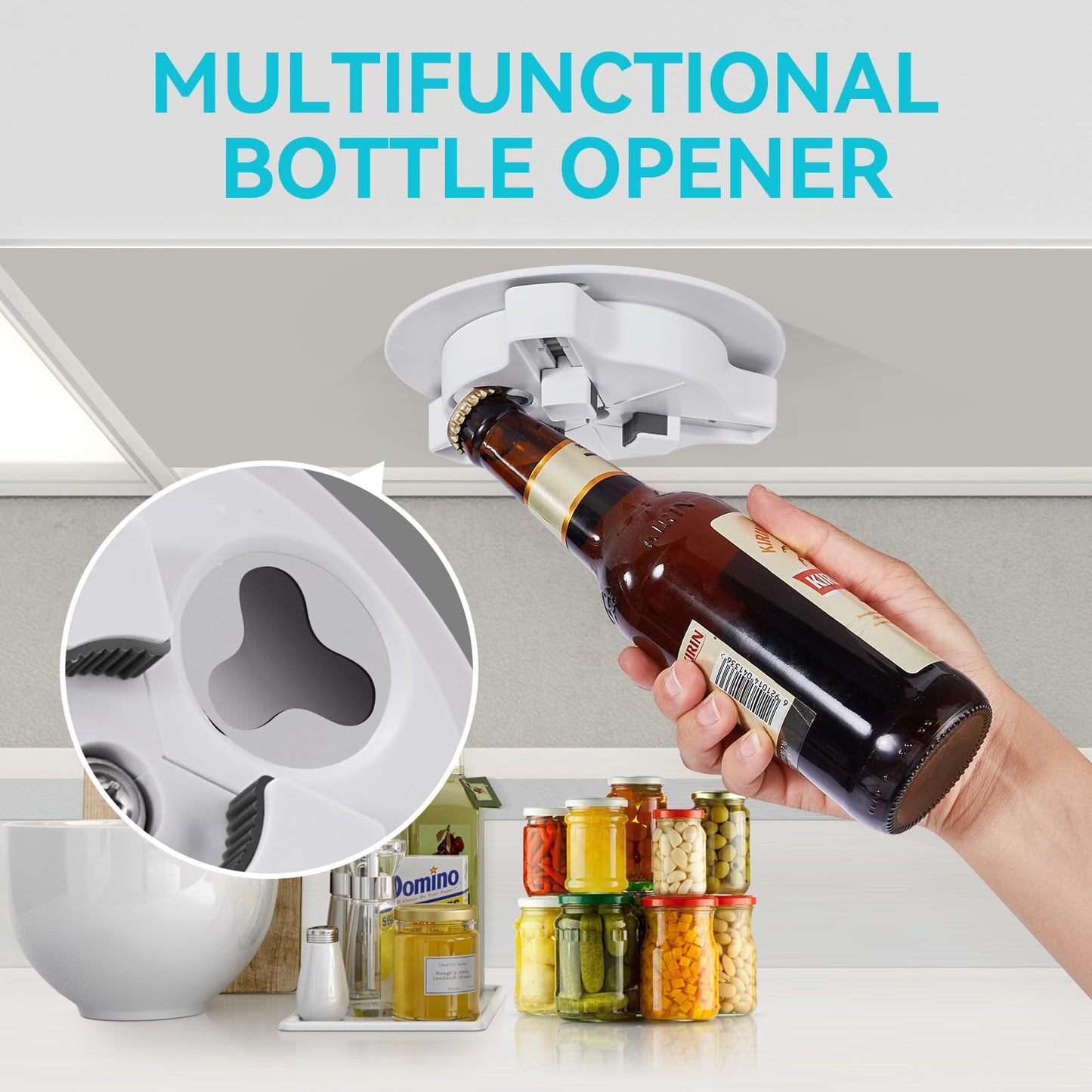Banyaa Jar Opener Bottle Opener for Seniors with Arthritis - Under Cabinet Jar Opener for Weak Hands, Rotary Lid Opener, Easy Twist-Off Lids for Jars & Bottles, Original Kitchen Gadgets (White)