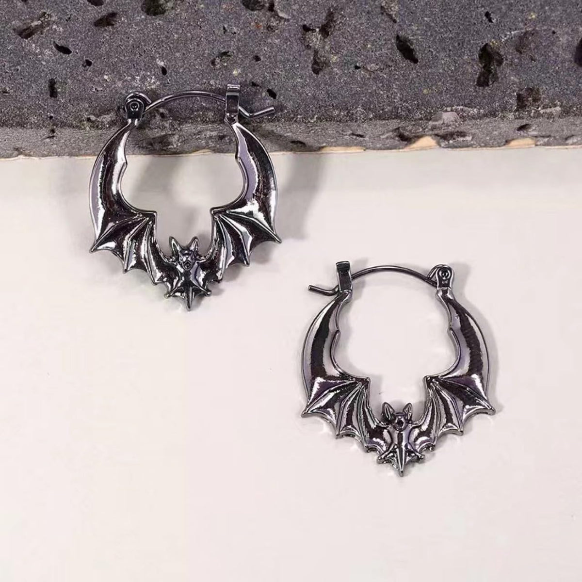 QLUYCKW Antique Silver Bat Vampire Earrings for Women Funny Gothic Punk Horror Inverted Bat Animal Hanging Hook Dangle Drop Earrings for Halloween Party Cosplay Scary Jewelry Gifts (Black Hoop)