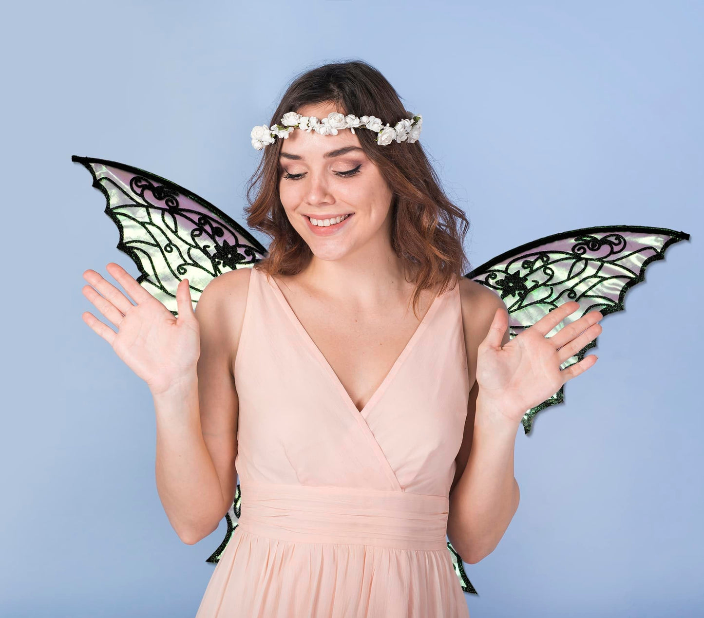 YKW Fairy Wings for Women with Lace Gloves, Large Butterfly Cosplay Wings, Iridescent Costume Wings for Party Photography Props Adult Dress Up Accessories(Black)