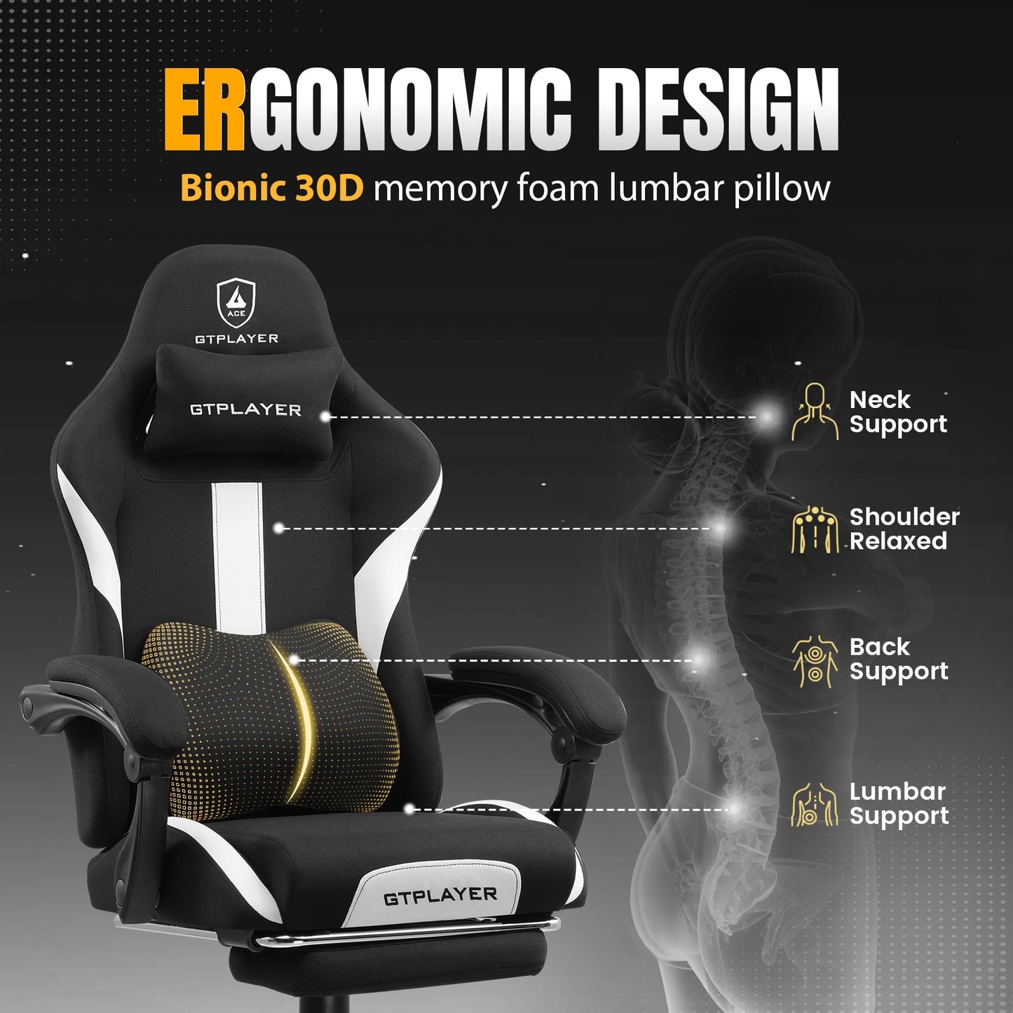 GTRACING Gaming Chair Ergonomic Office Chair with Foot Rest & Pocket Spring Cushion, High Back Computer Desk Chair with Headrest & Lumbar Support, Breathable Fabric Game Chair for Adults, Coal-Black