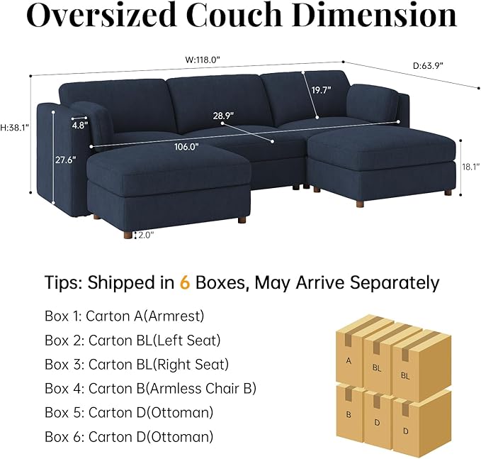 CUGOAO 118'' Modular Sectional Sofa, Oversized U-Shaped Sectional Couch with Ottoman, Deep Seat Chenille Cloud Couch, Mordern Upholstered Couches for Living Room, Apartment, Office, Blue
