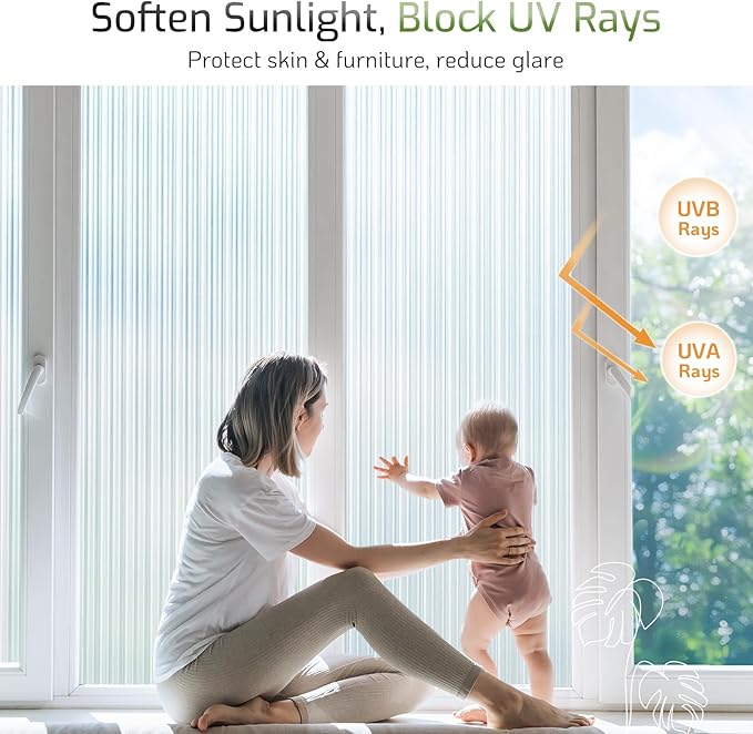 LUTE Reeded Glass Window Privacy Film, Frosted Glass Film, Removable 3D Decorative Decals Sun Blocking Anti UV Door Window Cover, No Glue Static Cling Vinyl for Bathroom Home Office, 35.4" x 118.1"