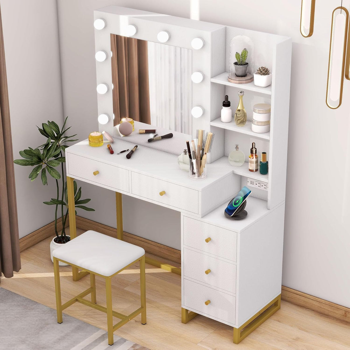 YITAHOME Makeup Vanity Desk with Mirror & Power Outlet, Hollywood Vanity Set with Hidden Jewelry Storage, 5 Drawers and Lots Shelves, Adjustable 3 Lighting Colors, Dressing Table with Stool, White
