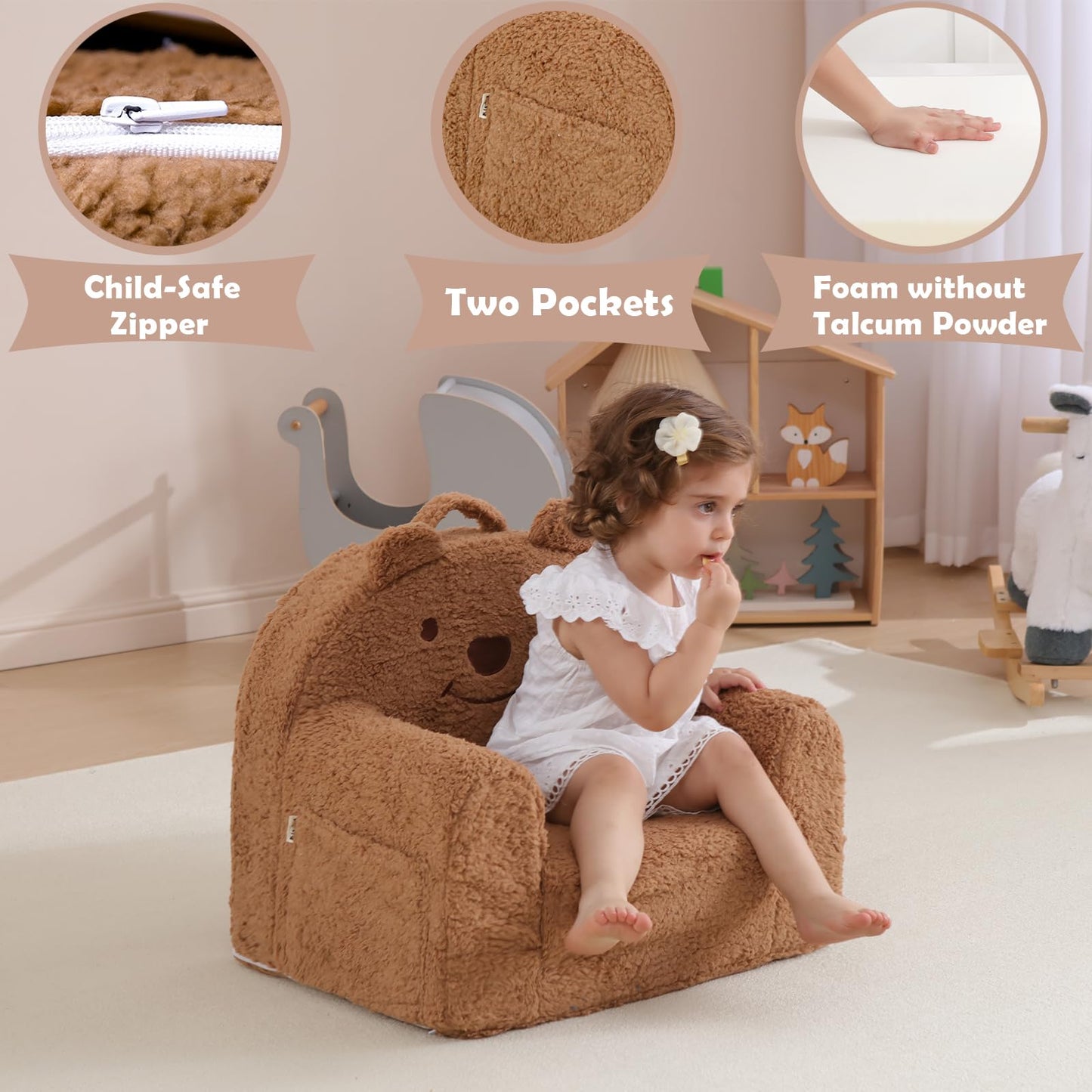 Kisdsa Toddler Chair,Sherpa Bear Kids Chair,Toddler Couch Fold Out,Children Reading Chair,Flip Out Kids Couch,Toddler Sofa Convertible for Age 1-3(Brown Bear)