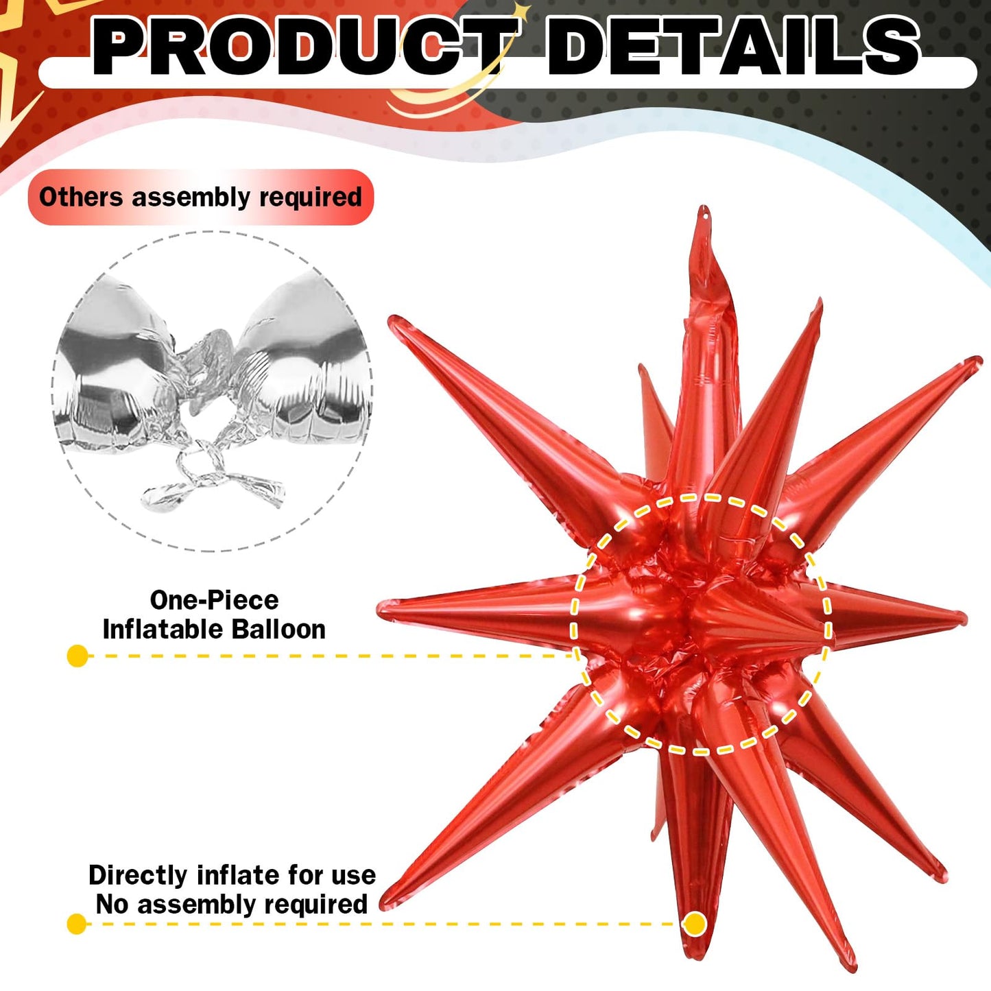HILAVO 6PCS Black Red Star Balloons, 22Inch Large Star Balloon Foil Balloons Spike Cone Balloon for Birthday Anniversary New Year Halloween Vampire Casino Party Decorations