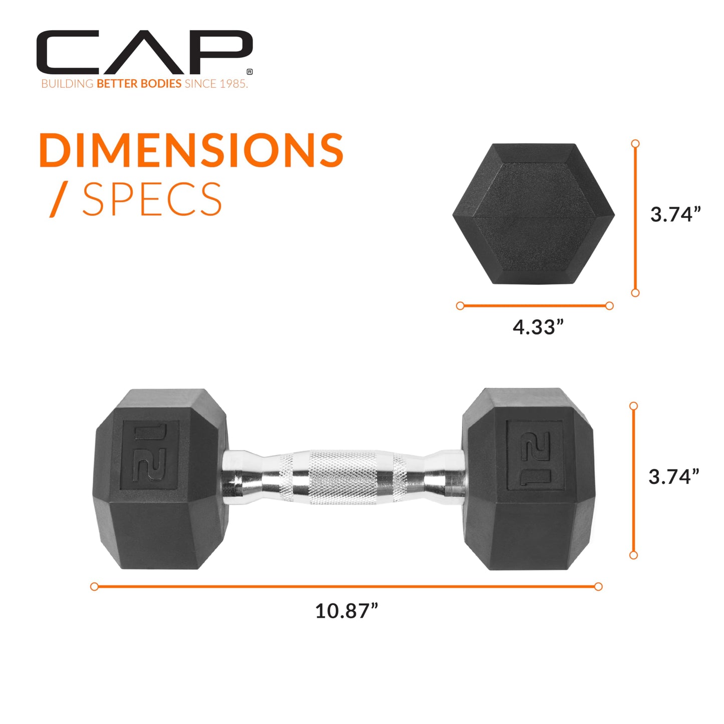 CAP Barbell 12 LB Rubber Coated Hex Dumbbell Hand Weight - Single | Chrome Handle