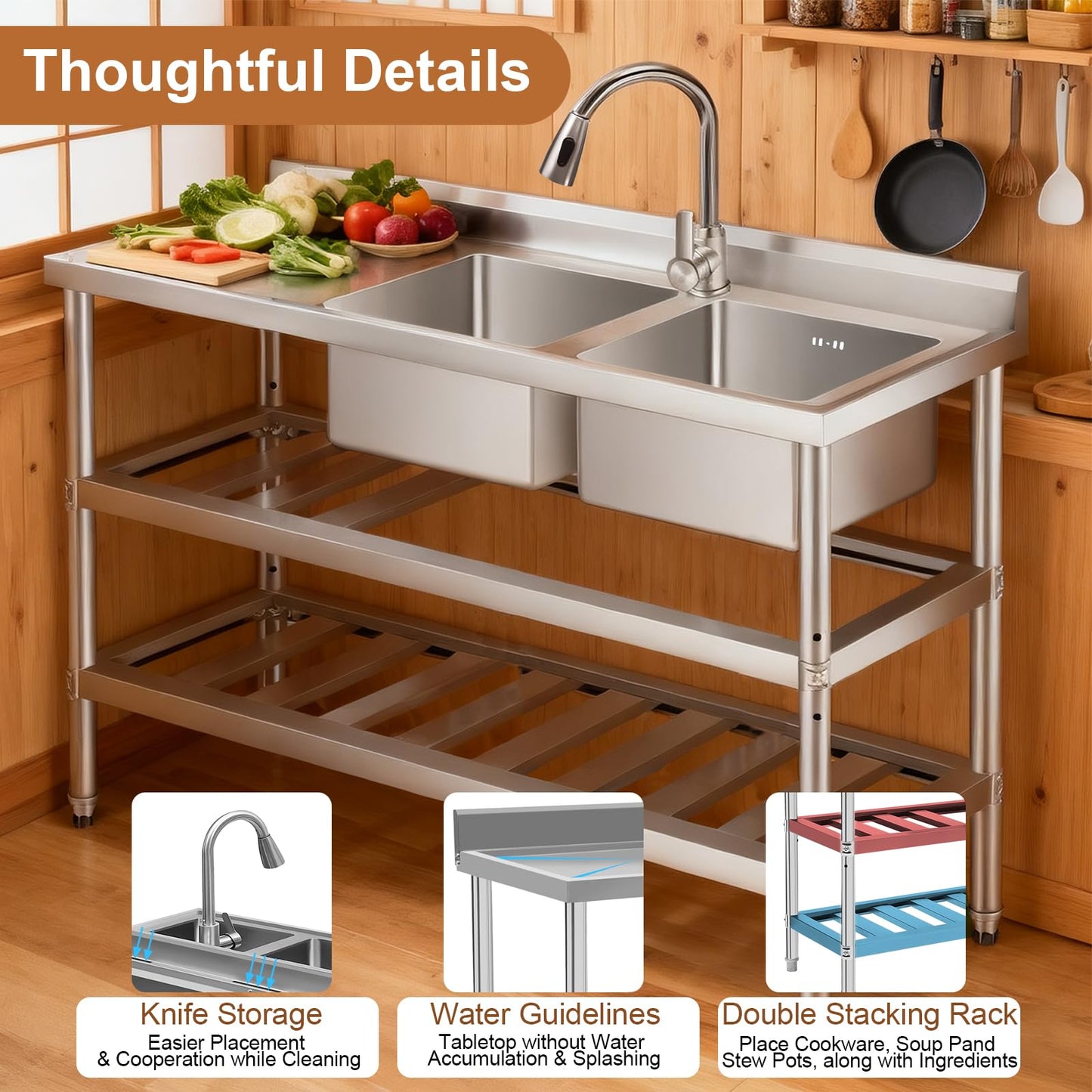 DuyviSteil 304 Stainless Steel Sink 2 Compartment Free Standing Utility Sink, Commercial Restaurant Kitchen Sink, Outdoor Sink Set w/Pull-out Faucet & Workbench with Water Pipe (47in)