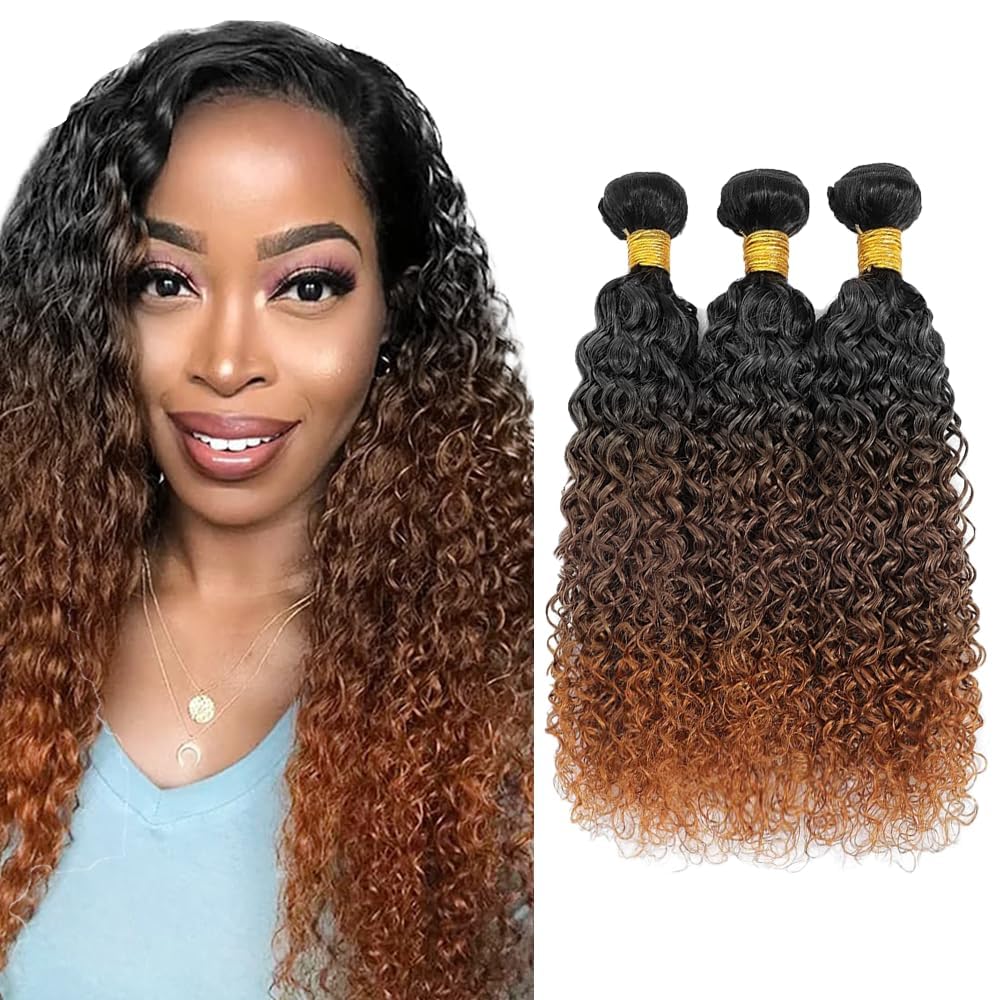Peenoll 20 22 24 Inch Jerry Curly Human Hair Bundles Omber Natural Chocolate Brown T1B/4/30 Weave Bundles Human Hair 12A Unproce