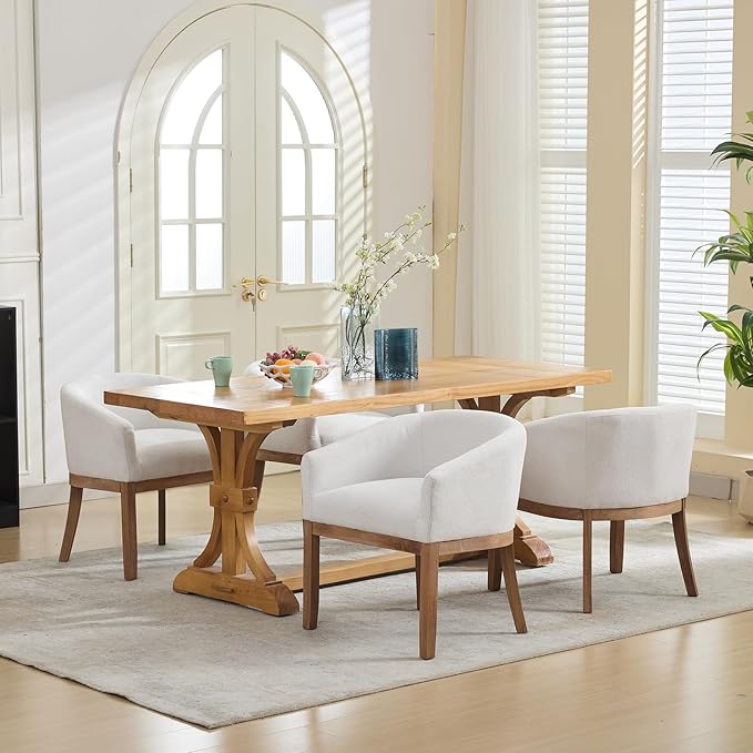 Shenyon Mid Century Modern Dining Chairs Set of 4, Upholstered Linen Fabric Dining Room Chairs with Arms and Solid Wood Legs, Comfy Barrel Accent Chairs for Dining Room, Living Room, or Cafe,Beige