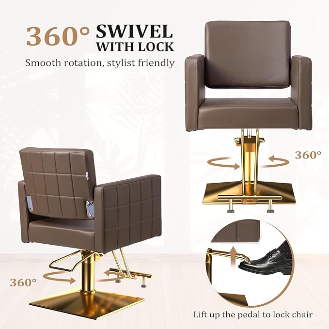 mefeir Brown and Gold Barber Chair Hair Salon Chair with Heavy Duty Hydraulic Pump, Square Base, Stainless Steel Footrest,Styling Chair for Beauty Spa Hairdressing Braiding