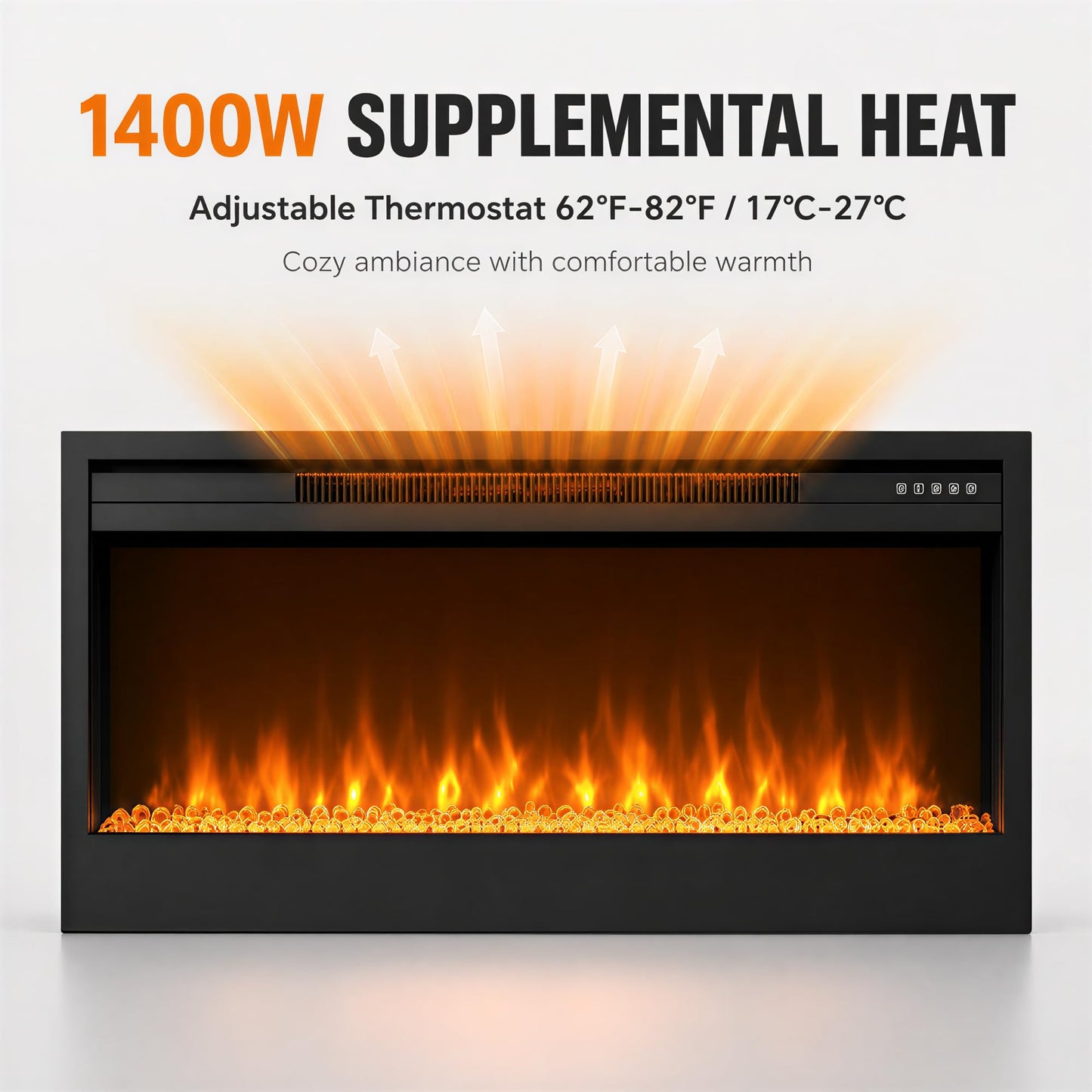 MEGAWISE 43 Inch Recessed Electric Fireplace Heater, Built-in Wall Fireplace Insert, 1400W, Remote & Touch Control, 7 Flame & Ember Bed Colors, Adjustable Thermostat, Timer, Black