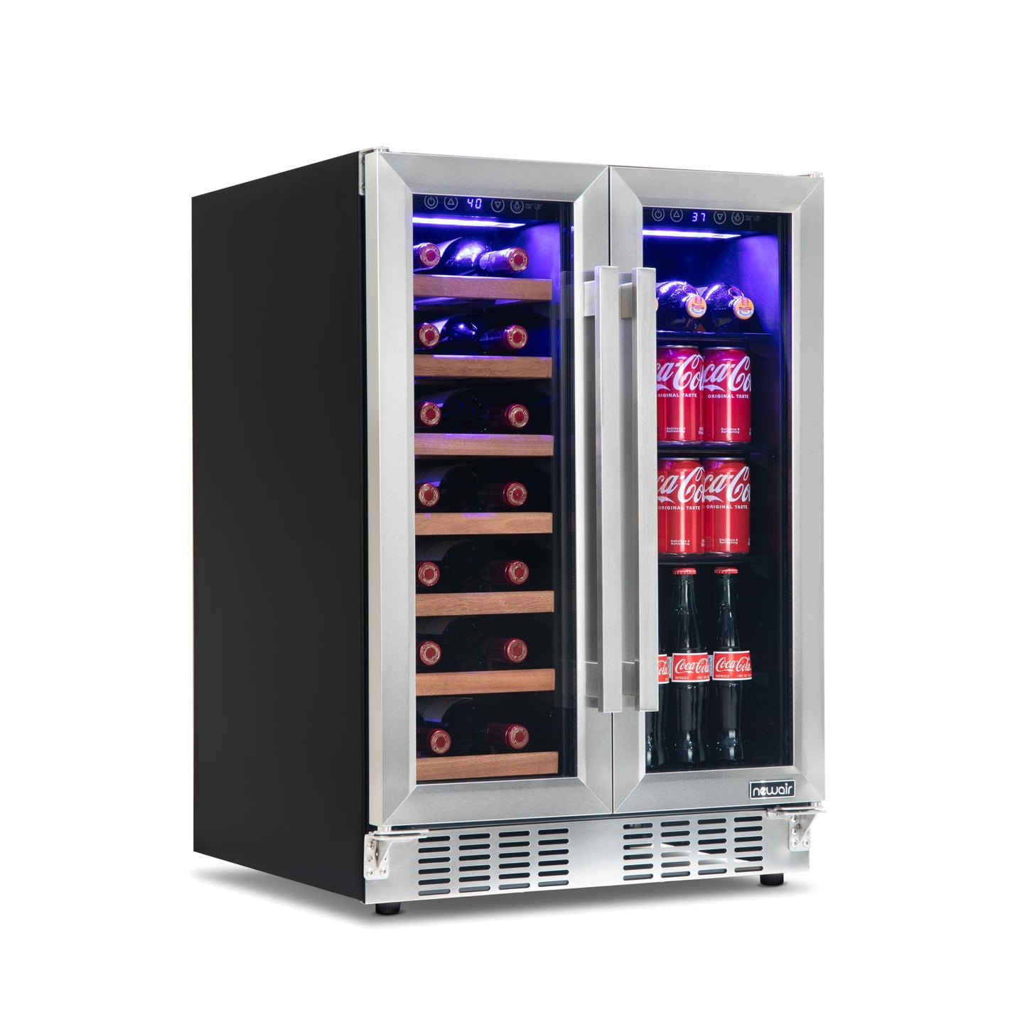 NewAir 24" Dual Zone Beverage Refrigerator & Wine Cooler for 20 Bottles & 78 Cans | Freestanding or Built-In Under Counter Mini Fridge for Beer, Wine and Soda | Stainless Steel