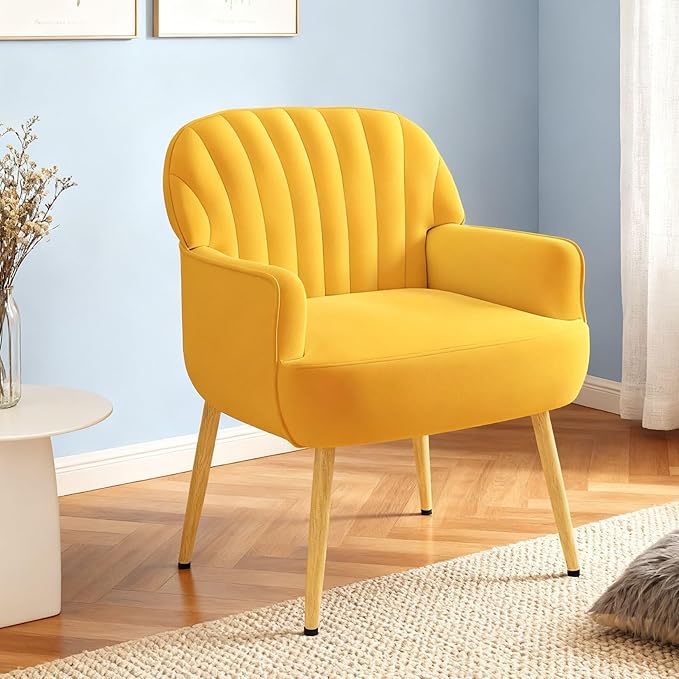 Holiway Velvet Accent Chair, Mid Century Modern Accent Chairs for Living Room, Comfy Upholstered Armchair with Metal Legs for Bedroom/Apartment/Office/Waiting Room, Yellow