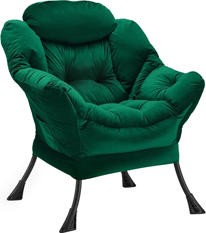 Youtanic Lazy Chair Thick Padded, Comfy Velvet Accent Lounge Chair with Stable Frame, Leisure Sofa Armchair with Armrests and Side Pocket, Reading Chair for Bedroom, Living Room, Office, Green